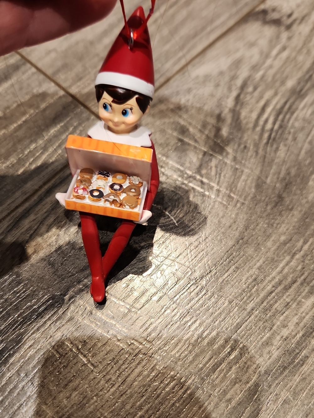 Elf Doll Ornament Holding Donut Box - Red Holiday Figure